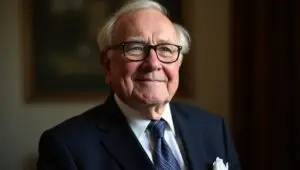 A confidently composed Warren Buffett embodying wisdom