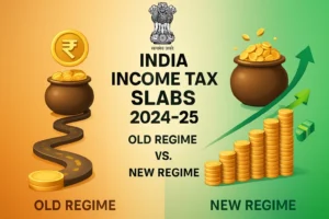India Income Tax Slabs 2024-25 comparison – Old Tax Regime vs New Tax Regime with gold coins, financial growth chart, and savings illustration