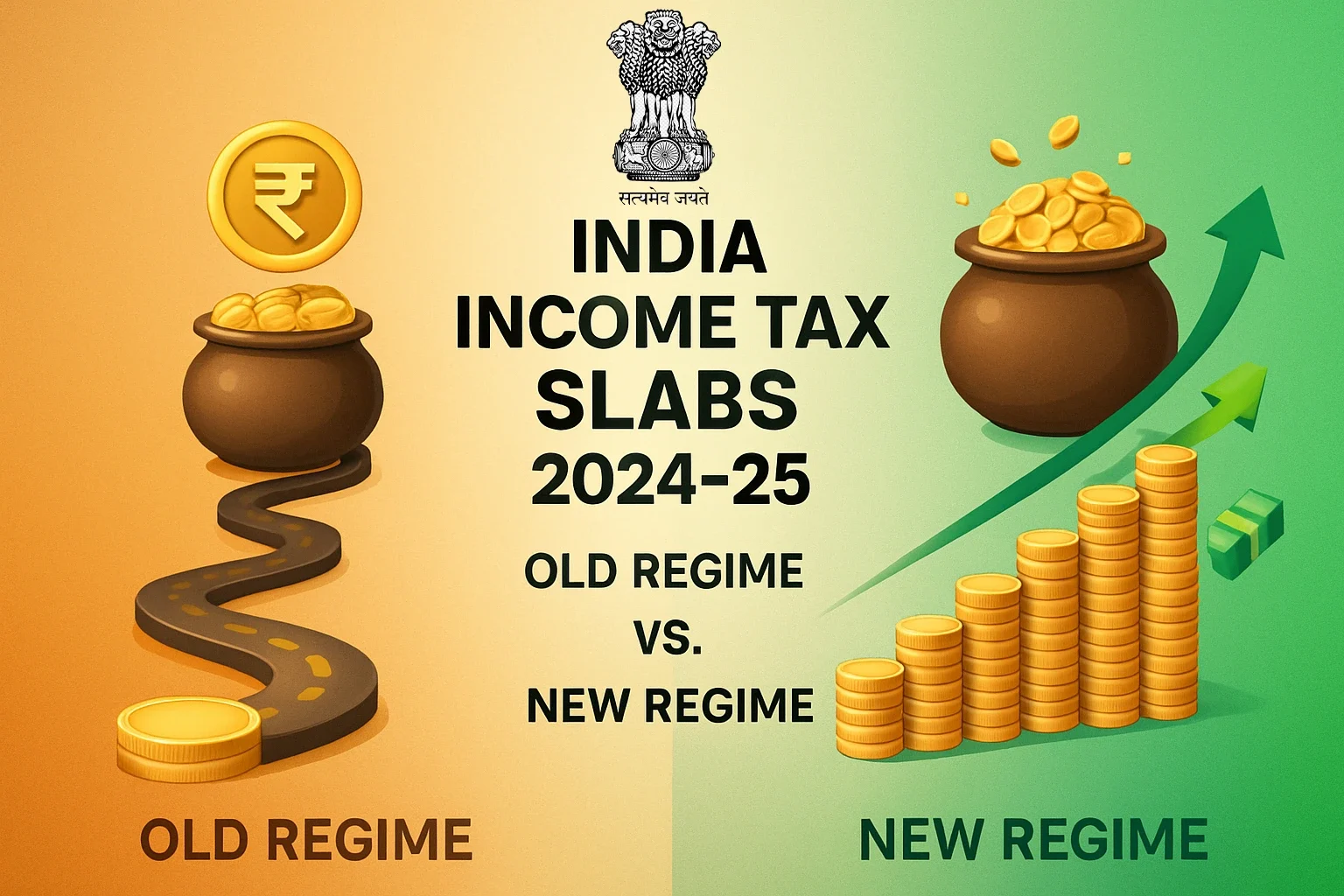 India Income Tax Slabs 2024-25 comparison – Old Tax Regime vs New Tax Regime with gold coins, financial growth chart, and savings illustration