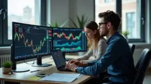 A focused young male and female trader working on laptop