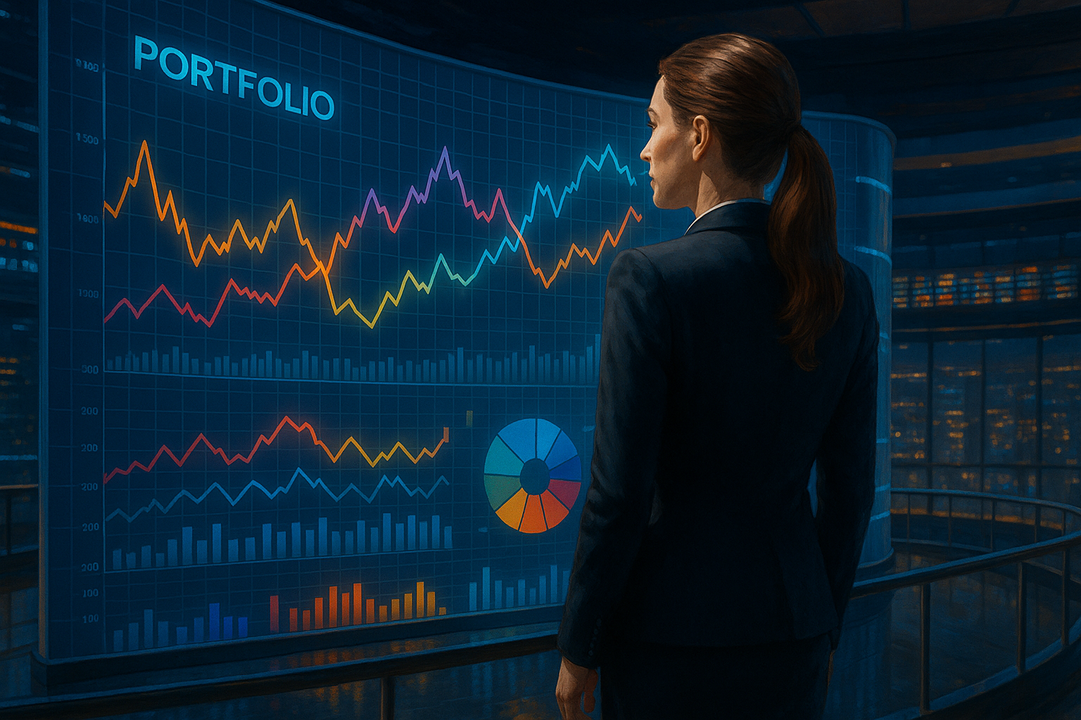 A professional businesswoman in a dark suit stands in a modern trading floor, analysing a massive curved LED screen displaying colourful portfolio diversification charts, line graphs, and pie charts, representing financial growth and market trends, with a sophisticated cityscape visible through glass panels in the background.