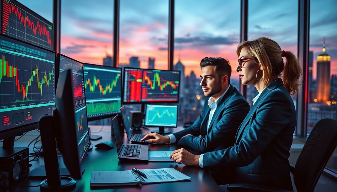 Two professional day traders in business suits analyzing multiple live stock market charts on large monitors in a modern glass office with a city skyline at sunset.