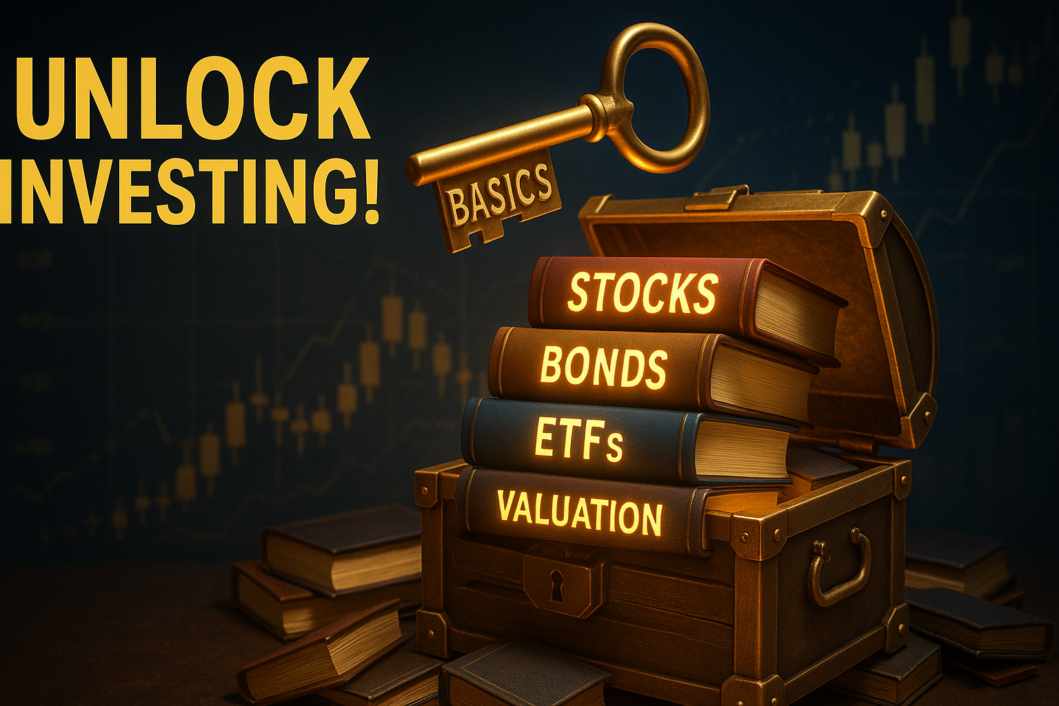 A 3D-rendered image of a golden treasure chest overflowing with glowing books titled "STOCKS," "BONDS," "ETFs," and "VALUATION." Above the chest, a large golden key labeled "BASICS" floats prominently. In the background, subtle blue and gold financial charts provide a thematic setting. Bold yellow text on the left reads "UNLOCK INVESTING!" The scene is lit with dramatic, cinematic lighting.