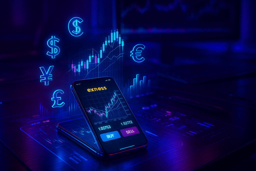 Futuristic Exness trading app interface on a smartphone with glowing 3D forex charts and holographic currency symbols floating above it, set on a cyberpunk-themed desk with neon blue and purple lights, representing advanced mobile forex trading technology
