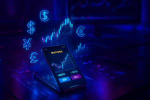 Futuristic Exness trading app interface on a smartphone with glowing 3D forex charts and holographic currency symbols floating above it, set on a cyberpunk-themed desk with neon blue and purple lights, representing advanced mobile forex trading technology