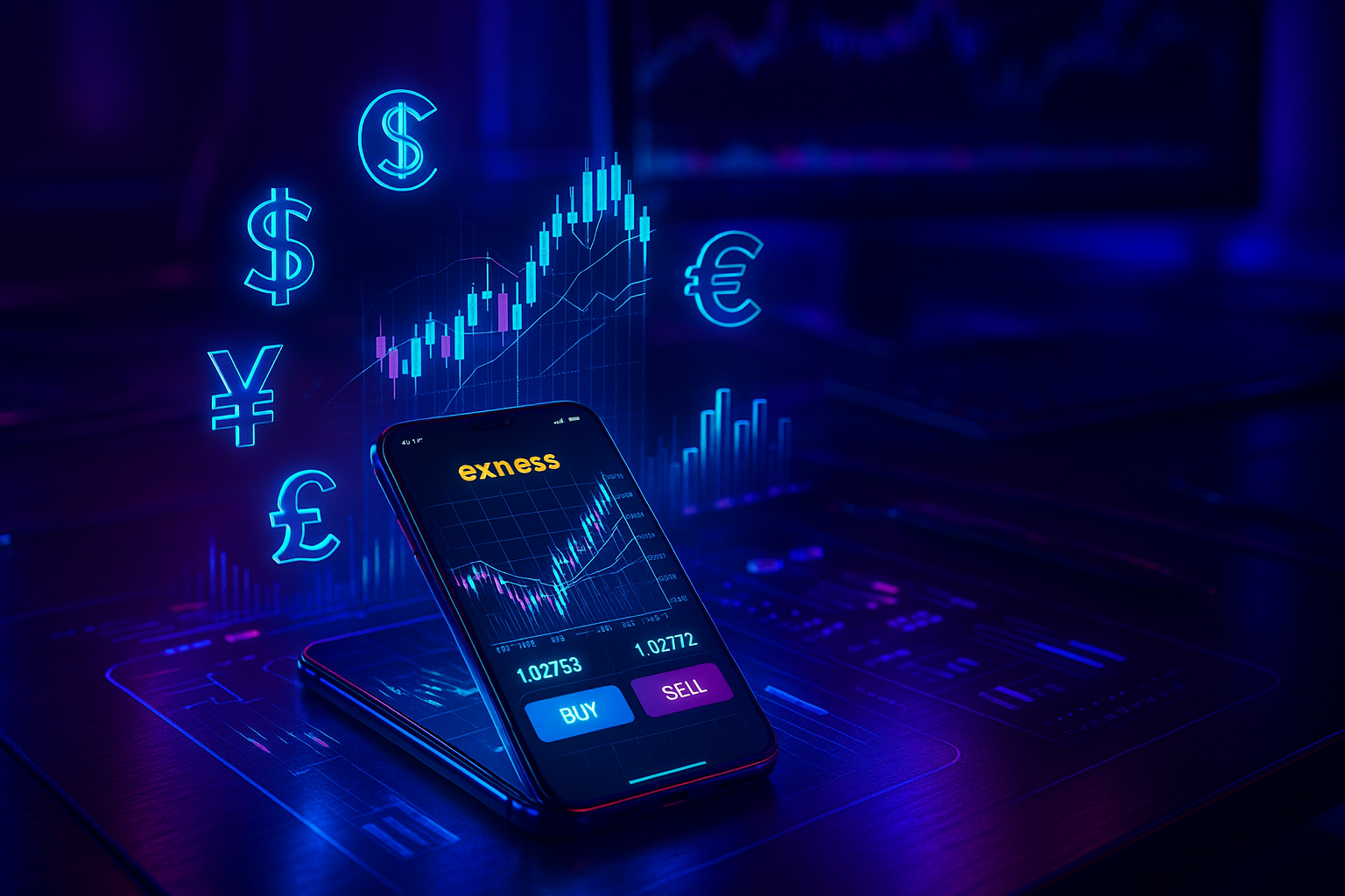 Futuristic Exness trading app interface on a smartphone with glowing 3D forex charts and holographic currency symbols floating above it, set on a cyberpunk-themed desk with neon blue and purple lights, representing advanced mobile forex trading technology