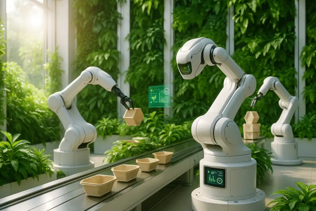 Robotic arms assembling eco-friendly biodegradable packaging in a modern green manufacturing facility with lush vertical gardens and sunlight, showcasing sustainable industrial automation and advanced robotics technology